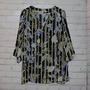 🌼 Violet & Claire Blouse · Women’s 1X · Navy, Yellow & Blue Floral Stripe